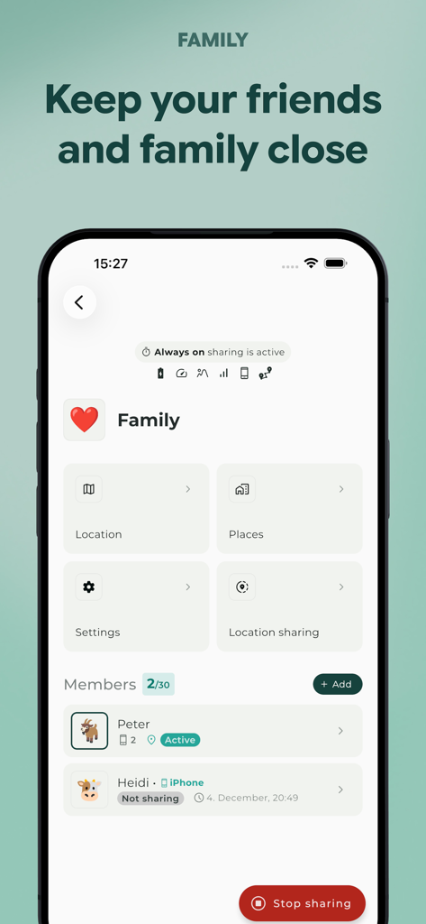 Paralino: Secure Phone Tracker - Paralino app interface showing family group location sharing settings and member status