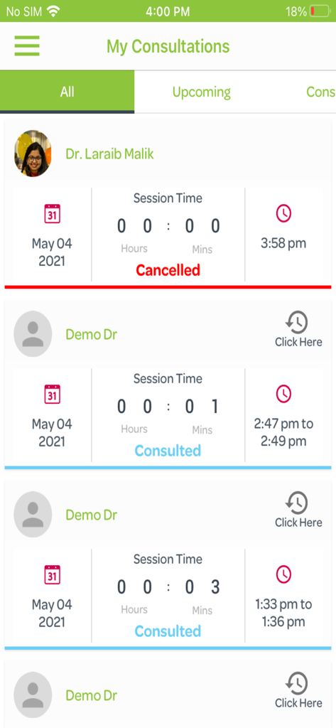 Tela do aplicativo Sehat Kahani Corporate mostrando uma lista de consultas médicas passadas com detalhes do médico e status da sessão