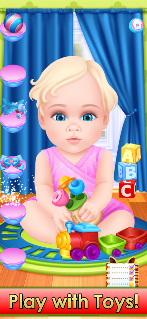 Baby & Family Simulator Games - 아기 시뮬레이터 게임에서 분홍색 옷을 입은 아기가 장난감 기차와 블록을 가지고 노는 모습