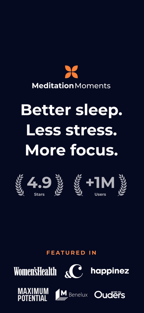 Meditation Moments - Guided - 瞑想の時間アプリのプロモーション。睡眠とストレスのメリットを示し、4.9つ星評価と100万人以上のユーザー