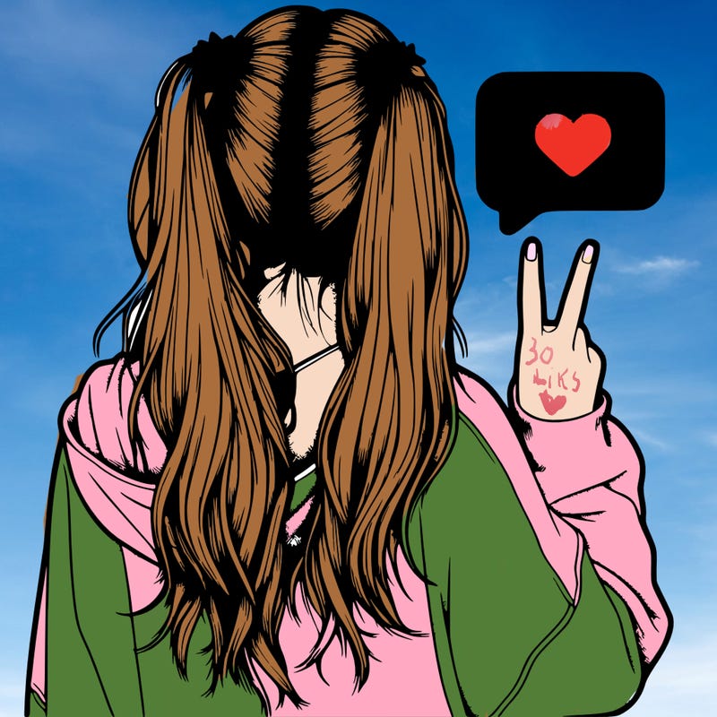 the back of a realistic girl holding up a peace mind saying 30 likes