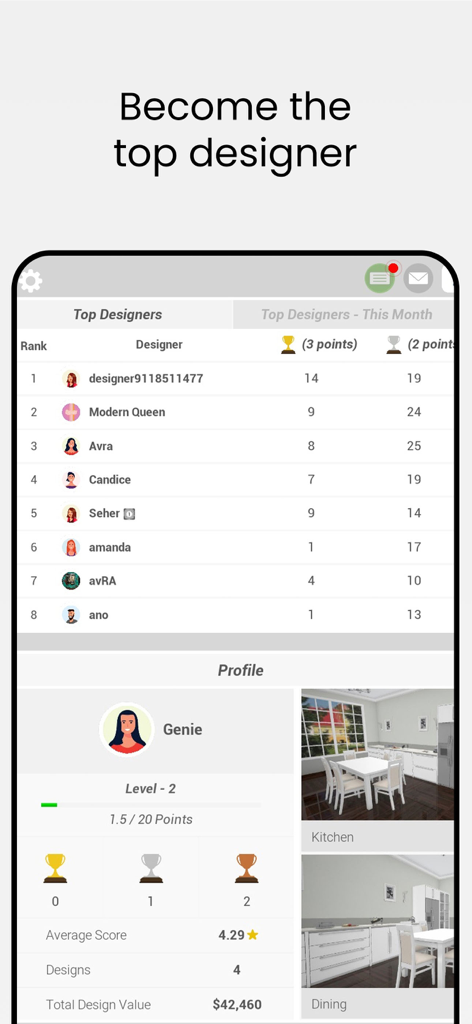 Home Decor - House Design Game - Home Decor ハウスデザインゲームのトップデザイナーとユーザープロフィールの統計のリーダーボード