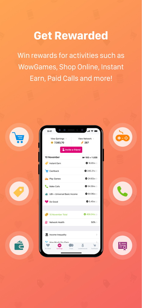Interfaz de WowApp que muestra recompensas por actividades como compras, juegos y llamadas