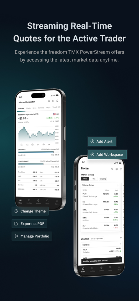 TMX PowerStream Mobile - Two iPhones showing the TMX PowerStream Mobile app with real-time stock quotes, market data, and charts for active traders.