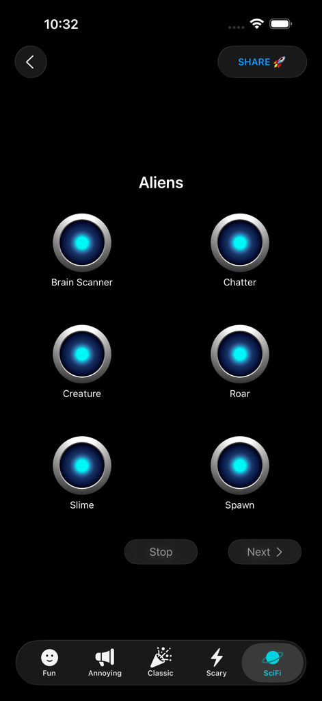 Sound Effects Boards Pro - Aliens soundboard with Sci-Fi sound effect buttons in the Sound Effects Boards Pro app.