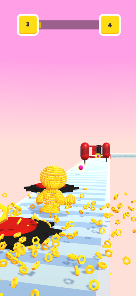 Screw Man Run 3D -Bolts Escape - Screw Man character made of yellow bolts running through a 3D obstacle course with nuts scattered on the track.