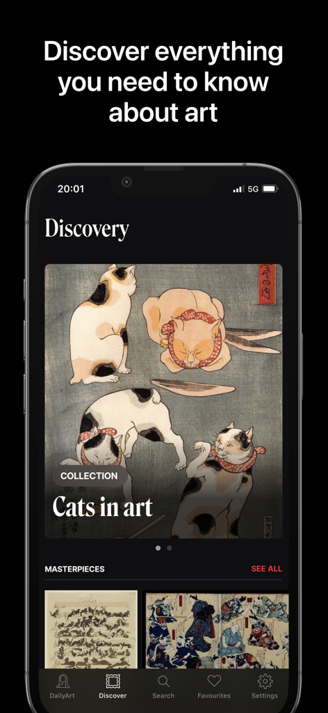 DailyArt - Discovery screen of the DailyArt app featuring the Cats in Art collection with Japanese illustrations.