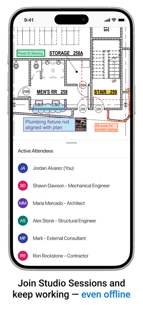 Aplicativo Bluebeam Cloud exibindo marcações de planta e uma lista de colaboradores ativos do projeto.