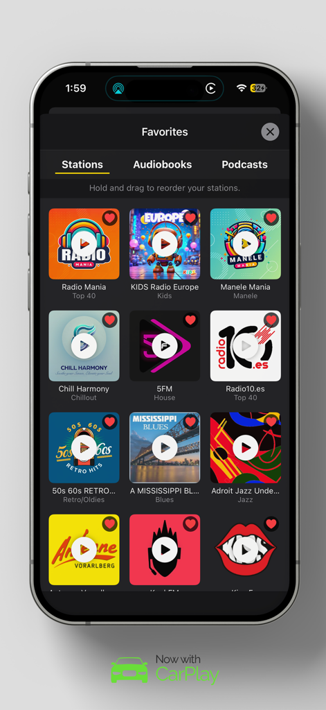 Radio Mania (Sound Hub) - Interfaz de la aplicación Radio Mania que muestra la lista de estaciones de radio favoritas e integración con CarPlay.