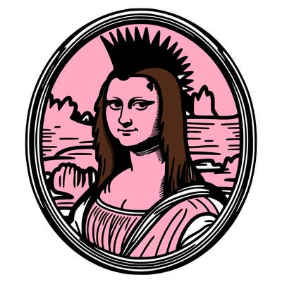 leonardo da vinci's "mona lisa" with punk hairstyle, realistic, thin borders