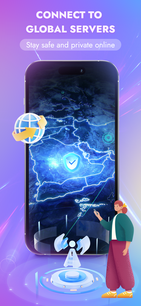 Écran de l'application iTop VPN montrant les connexions aux serveurs mondiaux et le bouclier de confidentialité