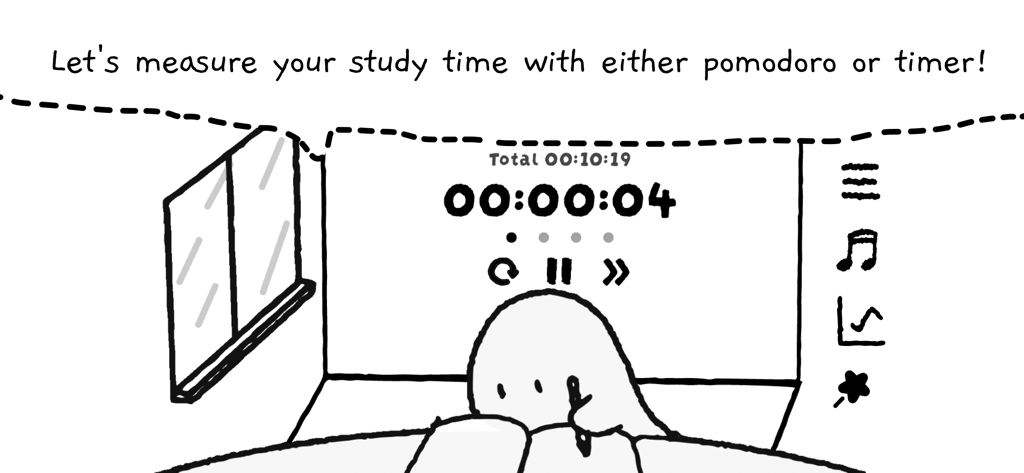 Study Time With Rain: Pomodoro - Cute ghost character studying at a desk with a Pomodoro timer and rainy window view
