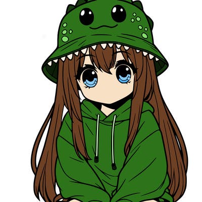 girl with anime shaped eyes with a dinosaur bucket hat oversized sweatshirt long straight hair