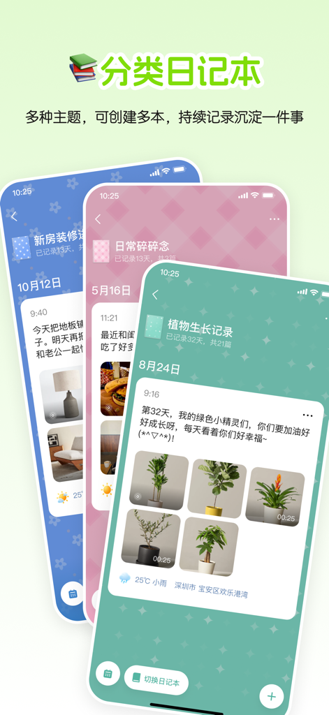 Xiaofujia mobile app interface showing various themed private journals with photo timelines