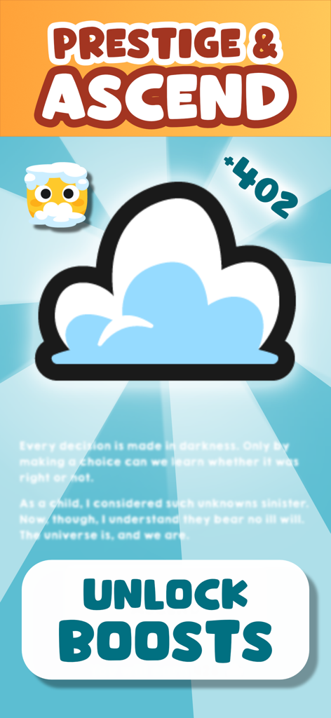 Cookie Empire: Idle Clicker - Captura de pantalla de la pantalla de prestigio y ascensión en Cookie Empire mostrando un gran icono de nube y un botón para desbloquear potenciadores.