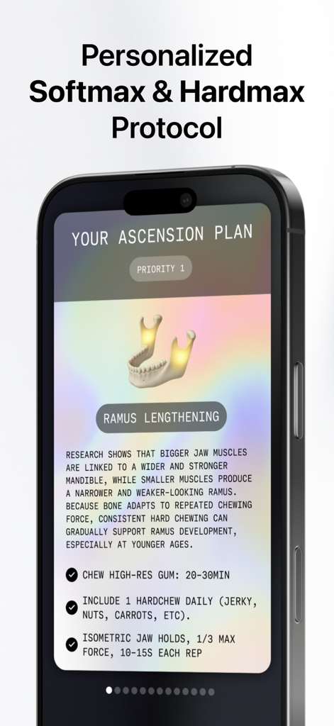 A personalized looksmaxxing plan on the Ascendr app featuring exercises for jawline and ramus lengthening