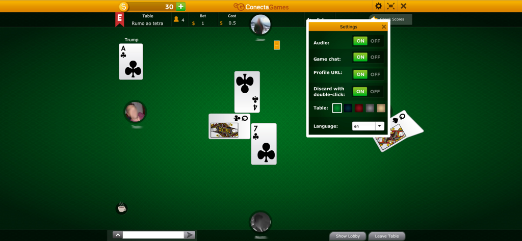 Gameplay screen of the King of Hearts card game with the settings menu open over a green table.