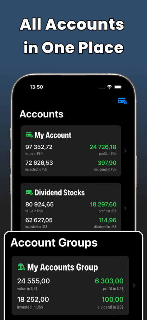 Portfolio Tracker: Finance Bay - Uma interface móvel para o Finance Bay mostrando uma visão unificada de várias contas de investimento e grupos de contas com métricas de lucro e dividendos.