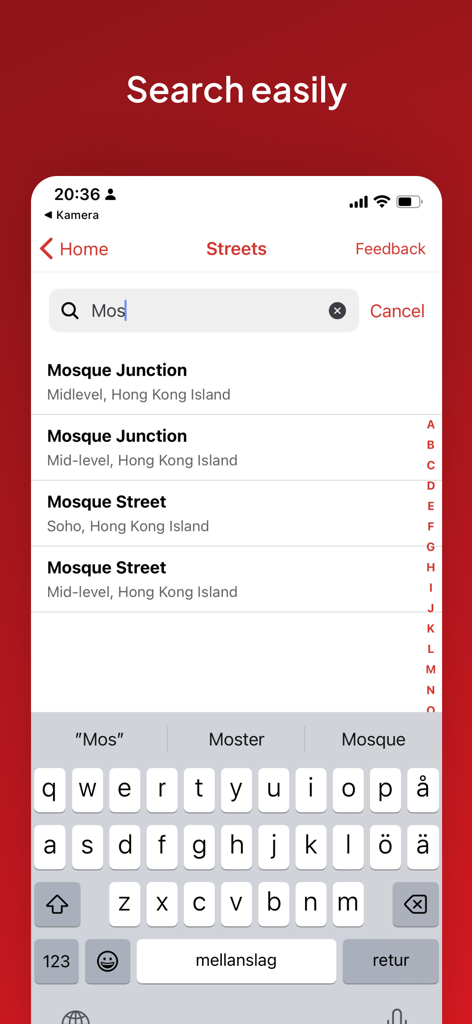 Hong Kong Taxi Translator - Searching for street addresses in the Hong Kong Taxi Translator app interface