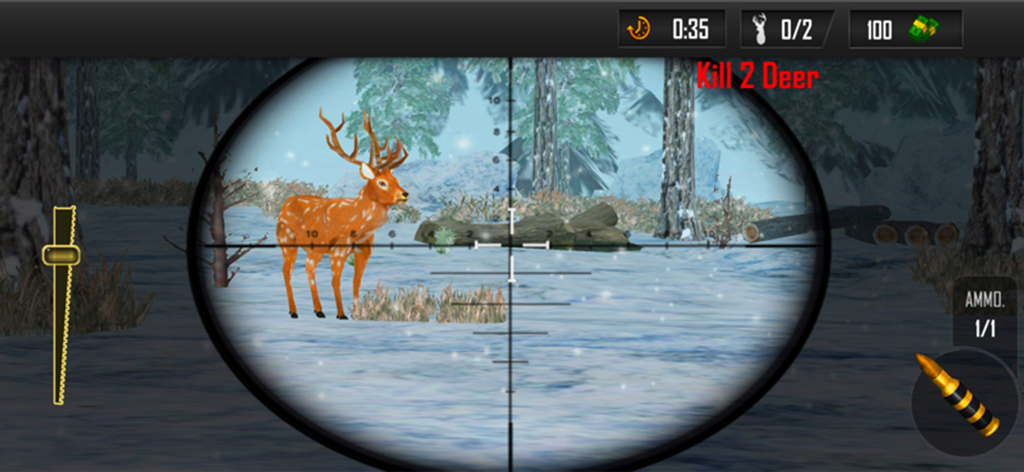 Deer Hunting Wild Animal Games - Sniper scope view aiming at a deer in a snowy forest