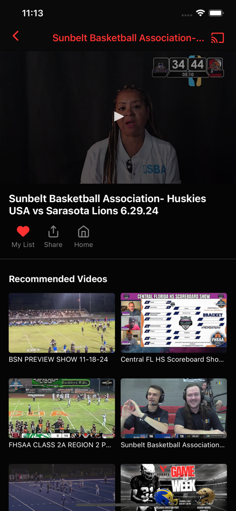 Varsity Sports Nation - Interface of the Varsity Sports Nation app showing a basketball game video player and recommended sports clips.
