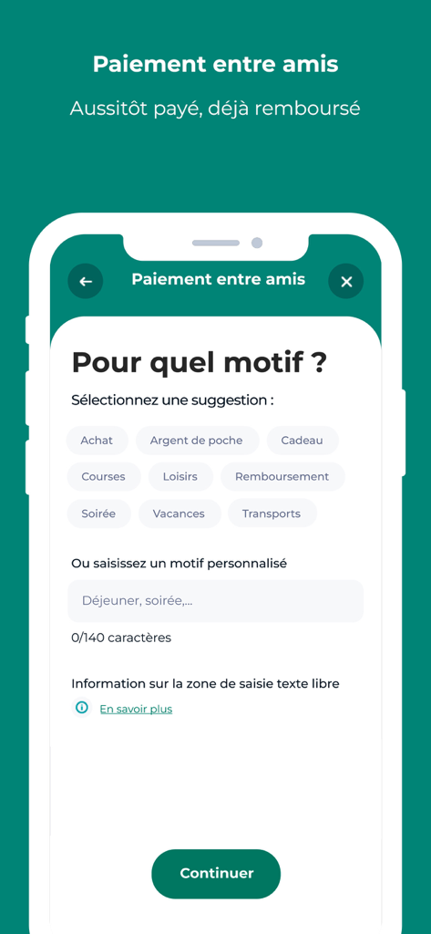 Interfaz de la aplicación móvil de Crédit Agricole que muestra la selección de un motivo para un pago entre amigos.