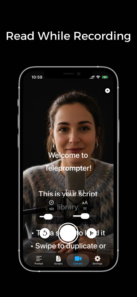 Teleprompter: Pro For Videos - Interfaz de la aplicación Teleprompter Pro mostrando a una mujer grabando un video mientras lee texto desplazándose directamente en la pantalla de su teléfono