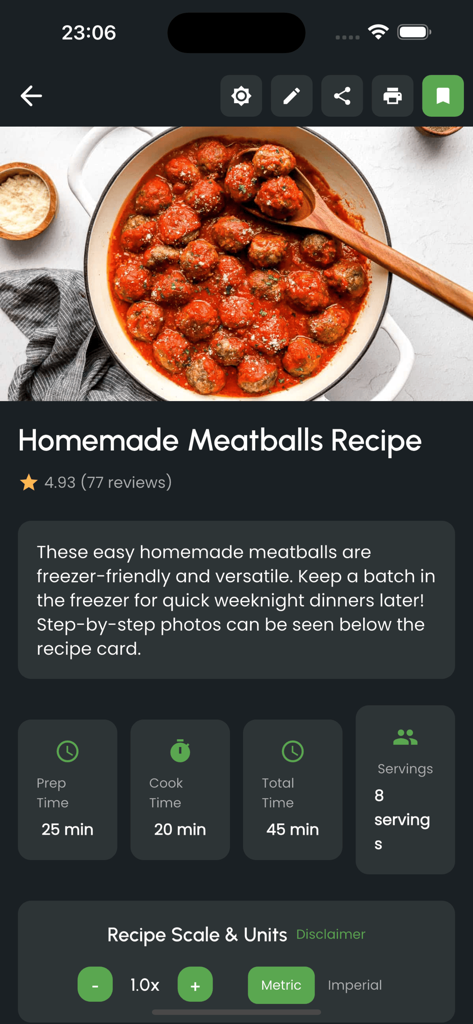Detailed recipe card for homemade meatballs in the Only Recipe app featuring cooking times and serving size adjustments.