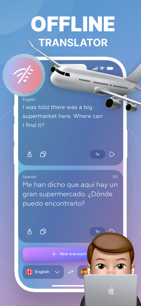 AI Voice Translator Language - AI Voice Translator app interface showing offline translation feature from English to Spanish.