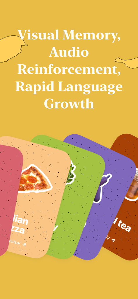 CapWords AI: Learn Languages - Colorful vocabulary flashcards showing food items and phonetic pronunciation for visual language learning.