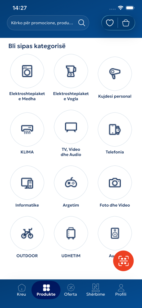 Neptun Albania - Neptun Albania app interface showing electronics and home appliance categories.
