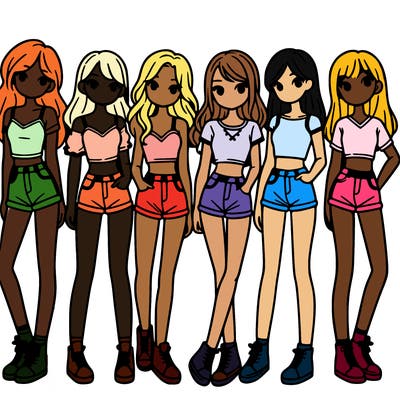 a group of girls wearing crop tops and shorts