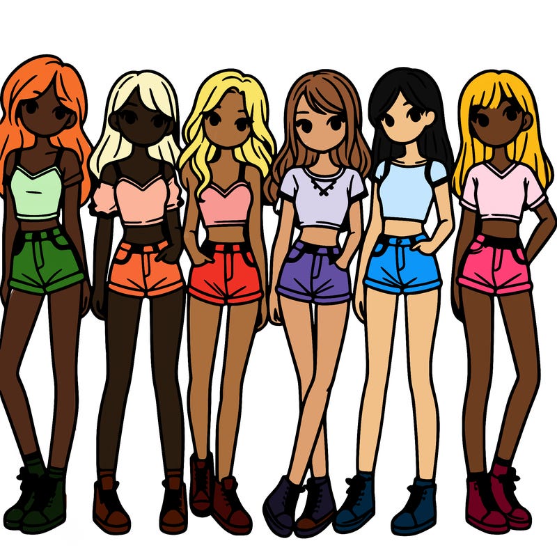 a group of girls wearing crop tops and shorts