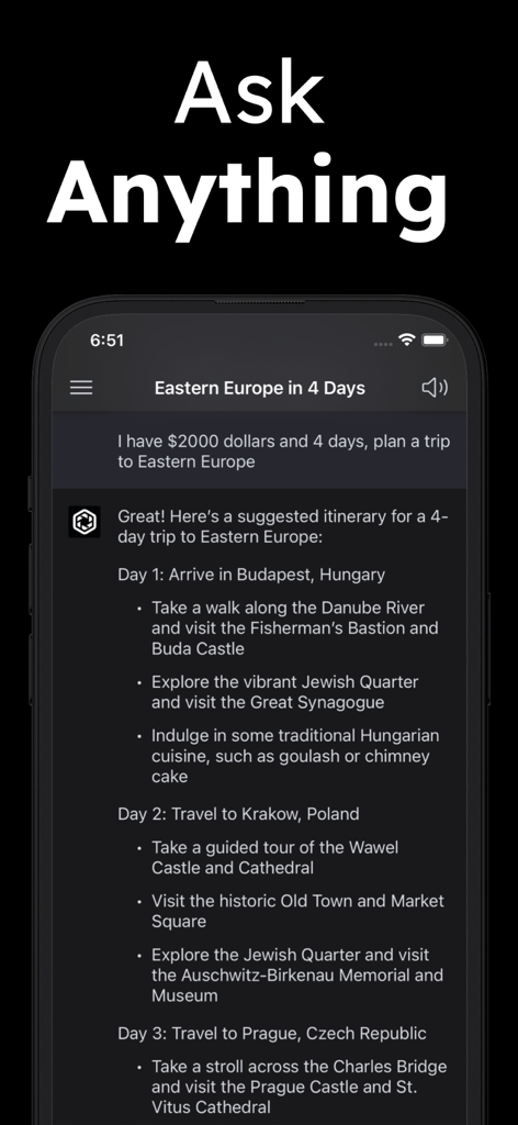 Mobile screenshot of ChatPlus AI app planning a four day trip to Eastern Europe with a budget