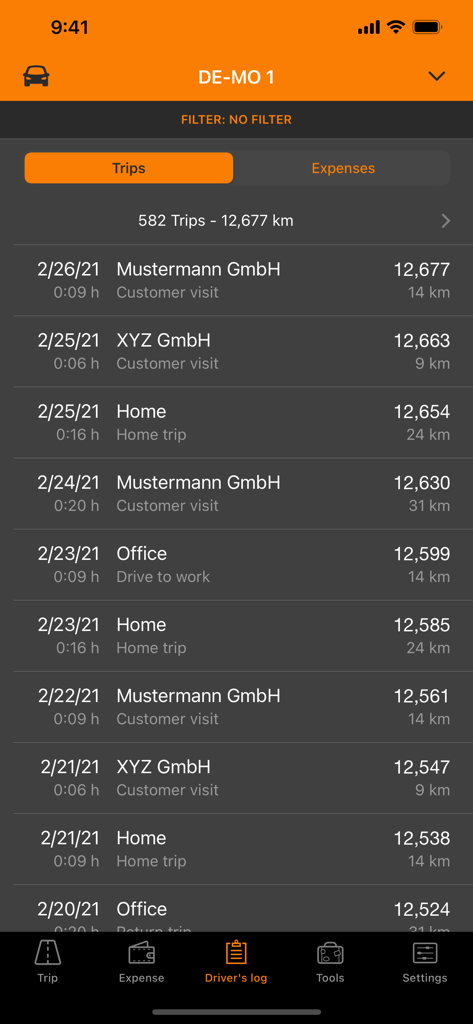 Driverslog Pro 2 - A chronological list of recorded vehicle trips showing dates destinations and distances in the Driverslog Pro 2 app