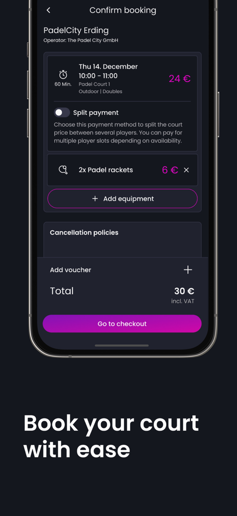 PadelCity – Book Padel Now - Schermata di uno smartphone che mostra la conferma di prenotazione di un campo PadelCity con opzioni di pagamento diviso e noleggio attrezzatura
