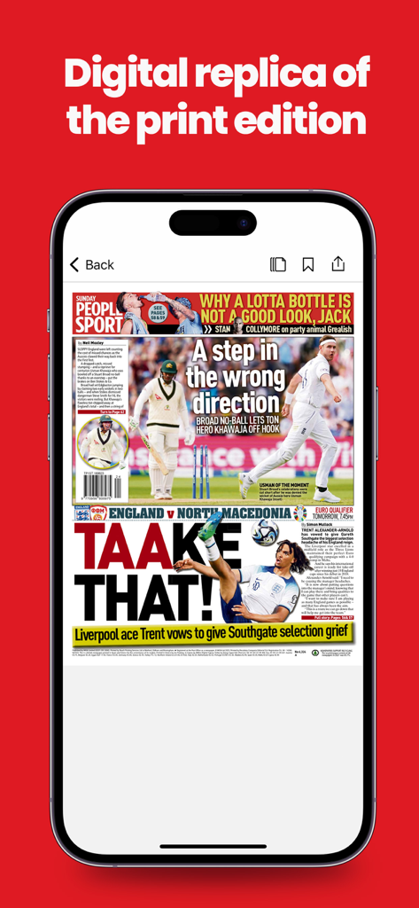 Réplique numérique de l'édition sportive du journal Sunday People sur un appareil mobile