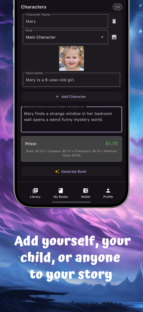 AI Book Generator - Screen showing how to add a custom character with a photo and description in the AI Book Generator app