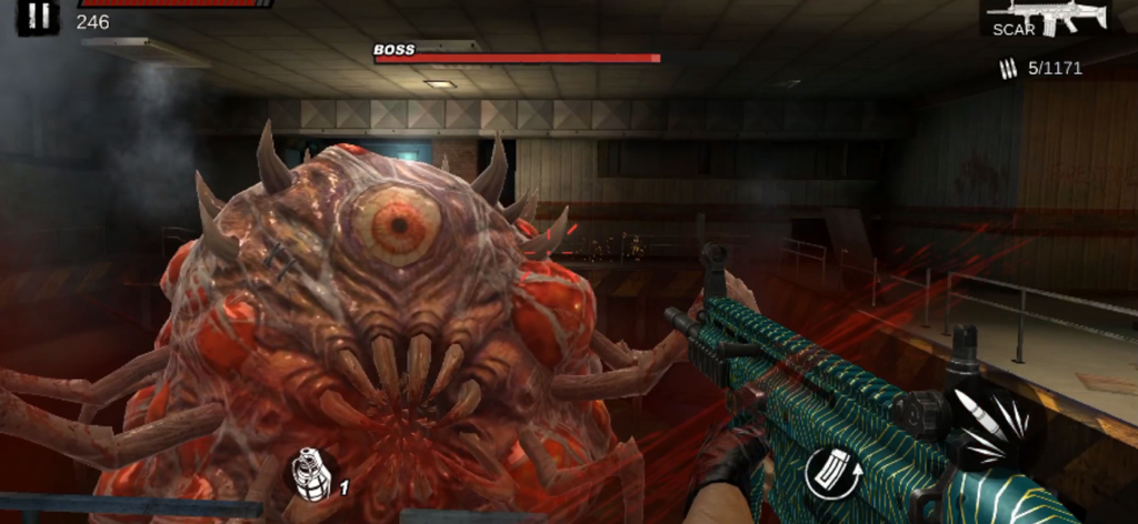 First person shooter perspective of a fight against a giant mutated eye boss in Zombie Frontier 4