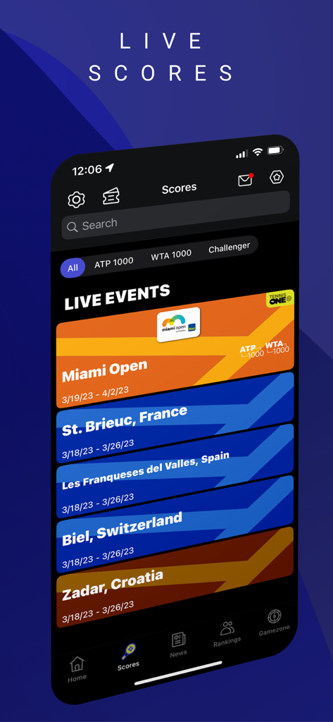 Pantalla de la aplicación TennisONE mostrando una lista de eventos de tenis en vivo, incluido el Miami Open