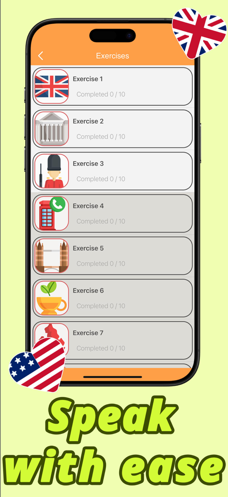 Interfaccia dell'app Practice Grammar che mostra un elenco di esercizi di apprendimento dell'inglese con cuori di bandiere britanniche e americane.