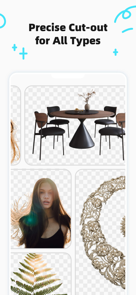 Examples of precise AI background removal for furniture, people, jewelry, and plants