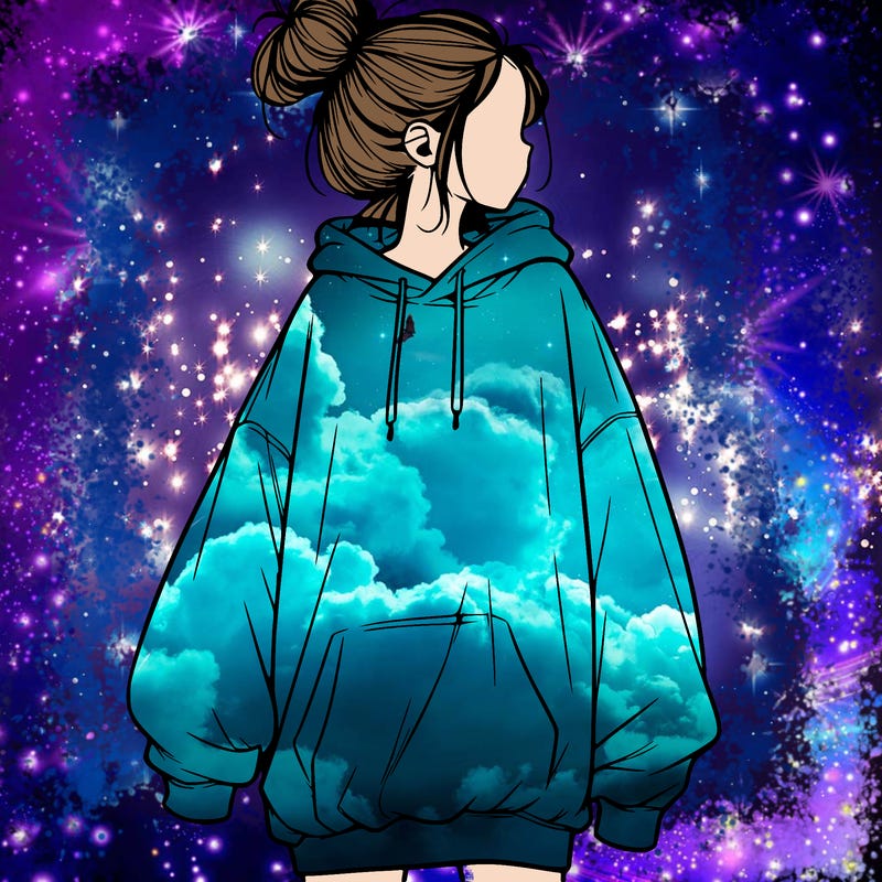 realistic girl with a oversized sweatshirt on and a bun