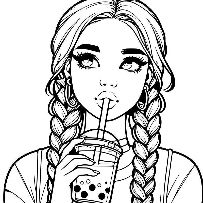 realistic girl with braided hair drinking boba