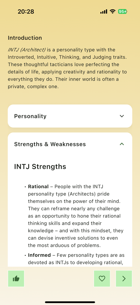 PsyPathia: Enneagram & MBTI - PsyPathia 앱 내에서 강점과 소개를 보여주는 상세한 INTJ 성격 프로필 개요입니다.