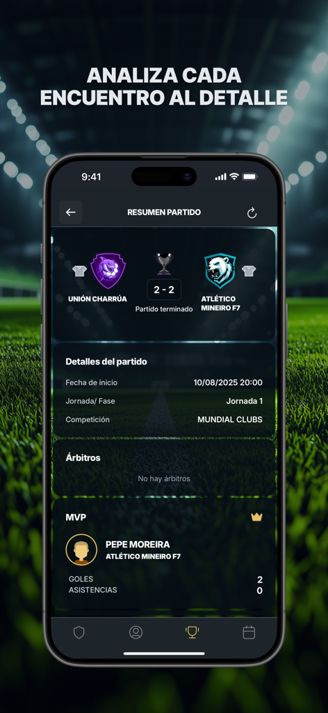 MyGol - Soccer Leagues - MyGol mobile app displaying soccer match results, final score, and player MVP stats