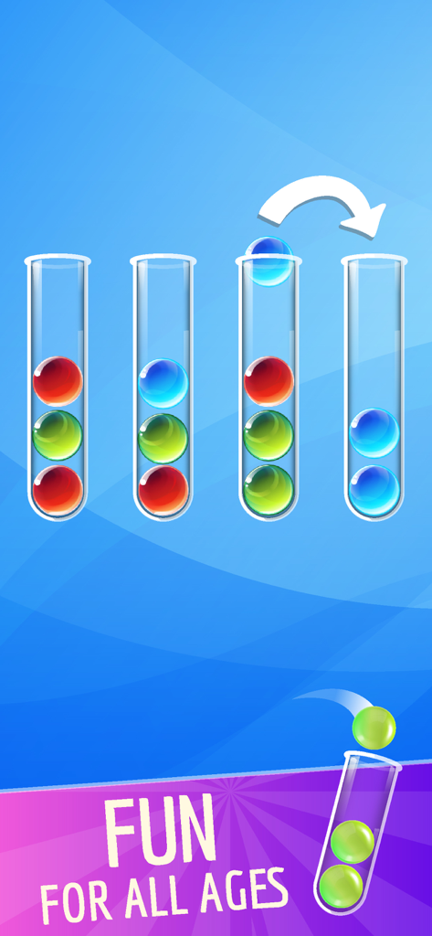 Gameplay of Ball Sort Color Puzzle showing balls being sorted into glass tubes