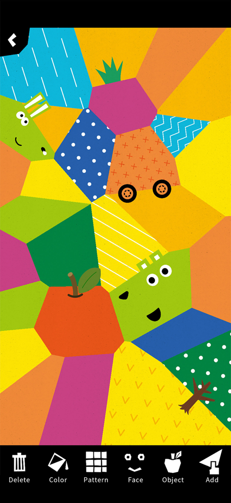 KAKU² - Funny Shape Play - Colorful geometric shape creation screen with an apple car and patterns in KAKU app