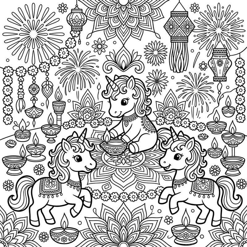 Immerse yourself in the magic of Diwali with this adorable coloring page featuring playful baby unicorns. Discover intricate designs of diyas, festive lanterns, and sparkling fireworks, perfect for creative minds of all ages.