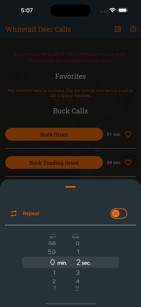 Interface of the Whitetail Deer Calls app showing buck calls and a repeat timer setting
